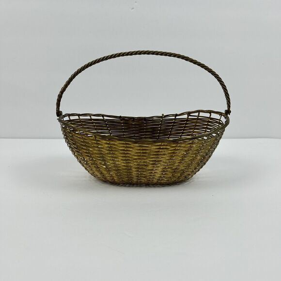 Vintage Brass Woven Basket Art Ware Moveable Handle AMC New York Decor India - Picture 1 of 10